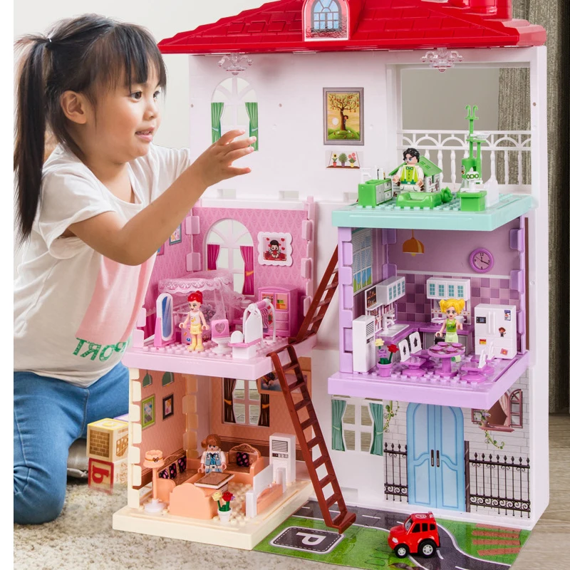 

Princess Villa Plastic DIY Dollhouses Play House Furniture Kit With Led Light Assembled Doll House Toys for Girls Children Gifts