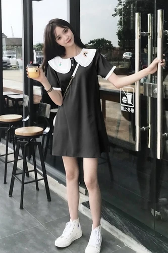 

Plus Size Loose Short Sleeve Kawaii Embroidery Women Dress Peter Pan Collar Patchwork Ruffle Casual Chiffon Clothes Autumn