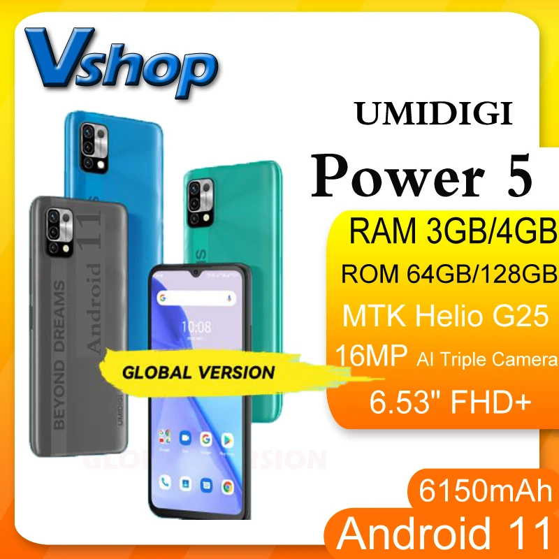 UMIDIGI Мощность 5 Android 11 глобальная Версия Мобильный телефон 3 ГБ/4 ГБ/64 Гб/128 ГБ Helio G25
