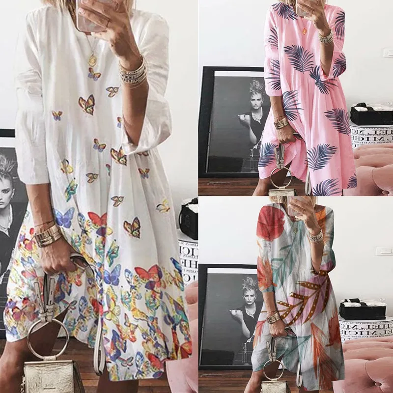 

Осенние платья с рукавом три четверти и принтом в виде листьев бабочки, повседневное свободное ТРАПЕЦИЕВИДНОЕ ПЛАТЬЕ с круглым вырезом, мод...