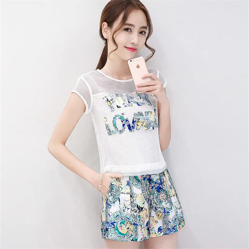 

Summer Fashion Lace Two Piece Set Women Letter Print Womens Outfits Print Short Mesh Set O-neck Floral Club Outfit