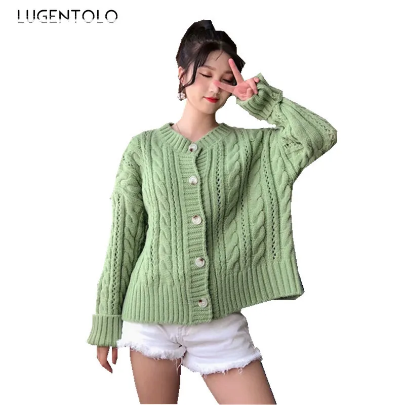 

Women Sweater Spring Autumn Retro Style Twist Solid Lady Lazy Loose Knit Cardigan Single-breasted Casual Sweaters Lugentolo