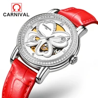 carnival four leaf clover skeleton mechanical watch trendy fashion diamond temperament red leather automatic watch for women