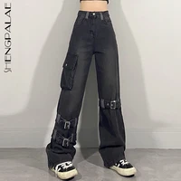 shengpalae high street zipper binding jeans womens spring 2021 new high waist straight loose pocket denim cargo pants 5b349