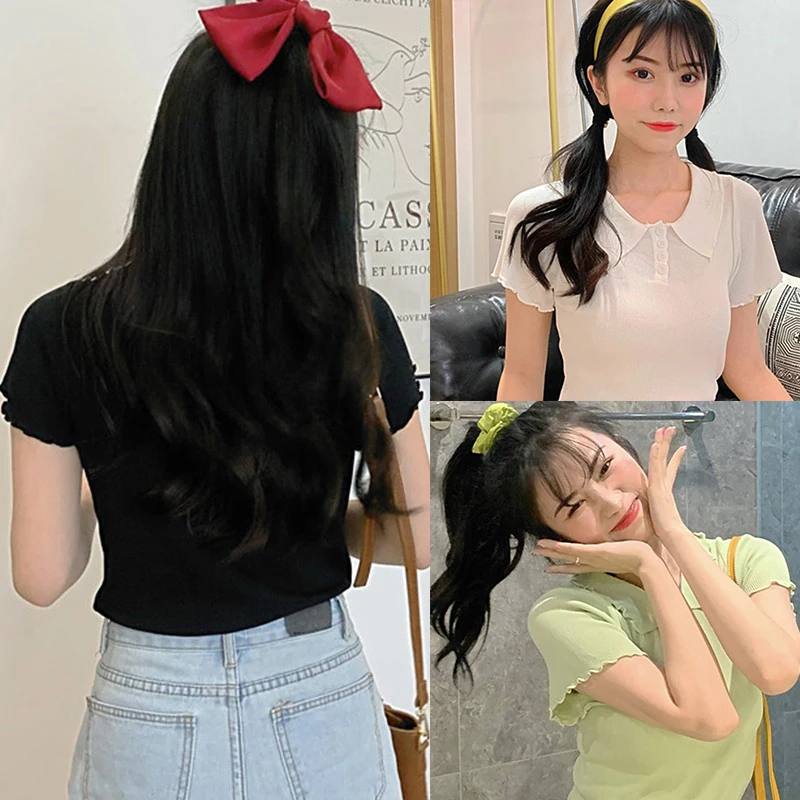 

Woman's Top Short Sleeve T-shirt Knitted Solid Color Crop Tops For Lady For Summer