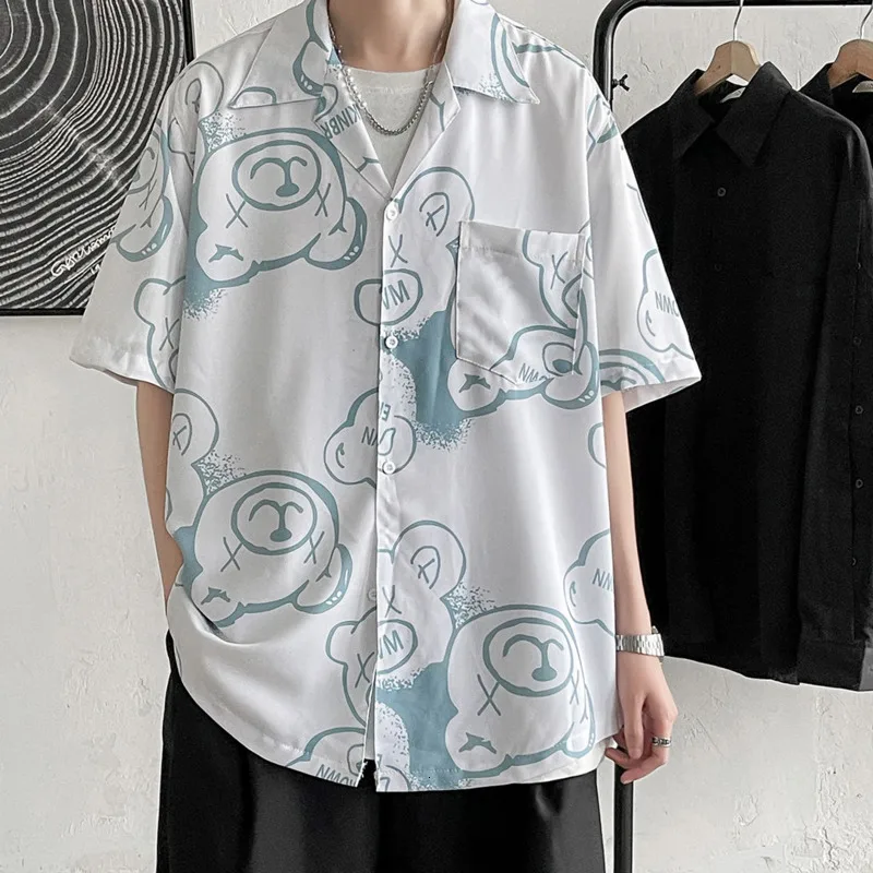 

Cute Bear Printed Men Shirts Casual Loose Korean Shirt Short Sleeve Fashion Kawaii Blouses Harajuku Big Size Couple Tops