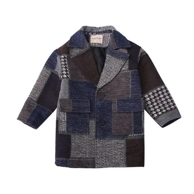 Зимние куртки однотонный шерстяной двубортный плащ для маленьких мальчиков
