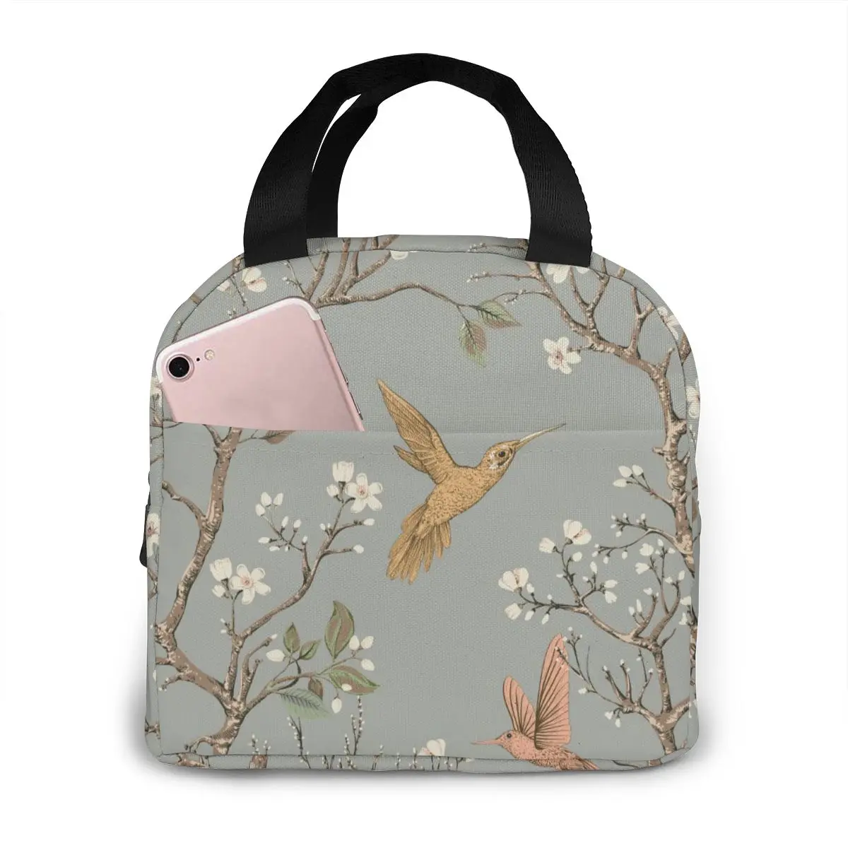 

Изолированная сумка для ланча, термос, с колибри и цветами, в стиле ретро, цветочные сумки-тоуты, сумка-холодильник для пикника, пищевой Ланч-...