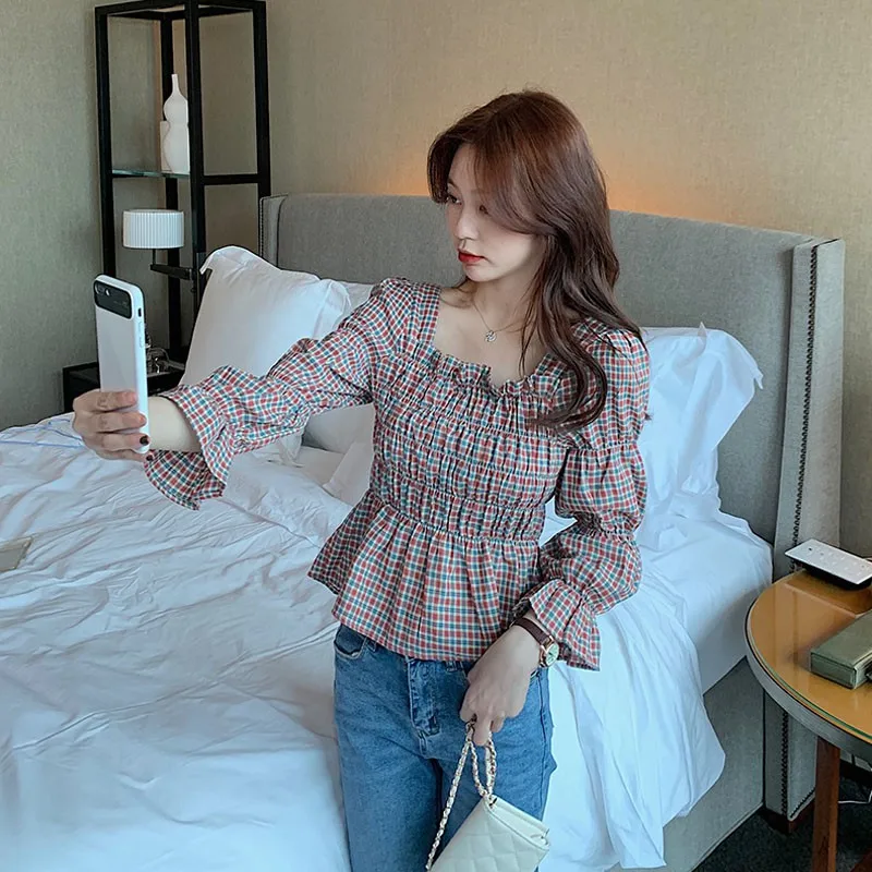 

New Fashion Summer Blouse Women Retro Square Collar Plaid Shirts Trumpet Sleeve Plaid Shirt Slim Waist wild Shirts Wholesale New