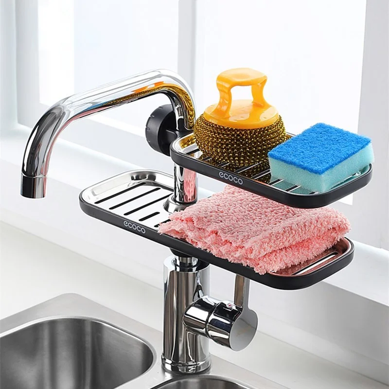 

ECOCO Faucet Sponge Soap Drainage Storage Rack Sink Adjustable Dish Cloth Drain Holder Bathroom Kitchen Accessories Organizer