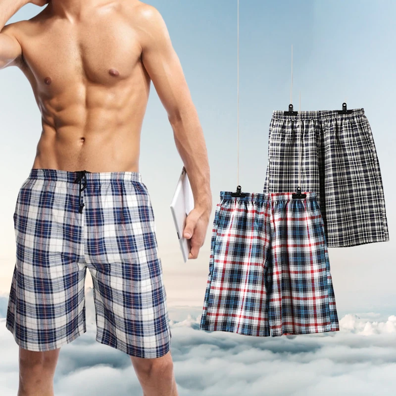 

Boxer Men Underwear Cotton Man Shorts Breathable Plaid Woven Short Pants Male Underpants Plus Size Loose Mid-Rise Sleep Bottoms