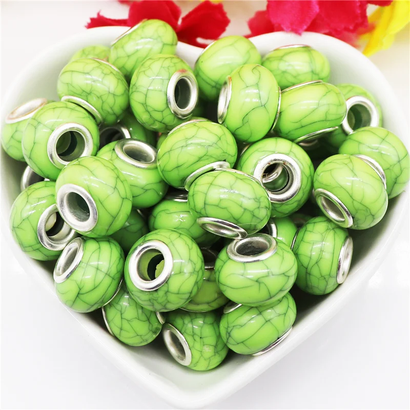 10 шт./лот, зеленые бирюзовые драгоценные камни, Европейские Бусины, круглые бусины с большим отверстием для цепочек, браслетов, ожерелий, ювелирных изделий