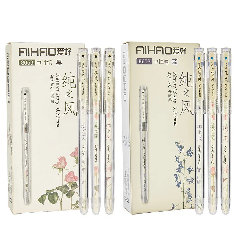 

1 Piece Student Stationery Transparent Flowers Gel Pen 0.35mm Black Blue Ink Writing Supplies Office School Pens Wholesale