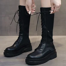 Zapatos de punta redonda para mujer, zapatillas cómodas de talla grande, botas con cordones a la moda, botas de plataforma blancas (4)