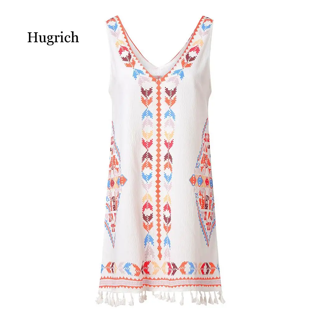 

Women Smmer Mini Dresses Bohe V-Neck Sleeveless Geometric Print With Tassel Ethnic Summer Beach Female Vestidos Verano