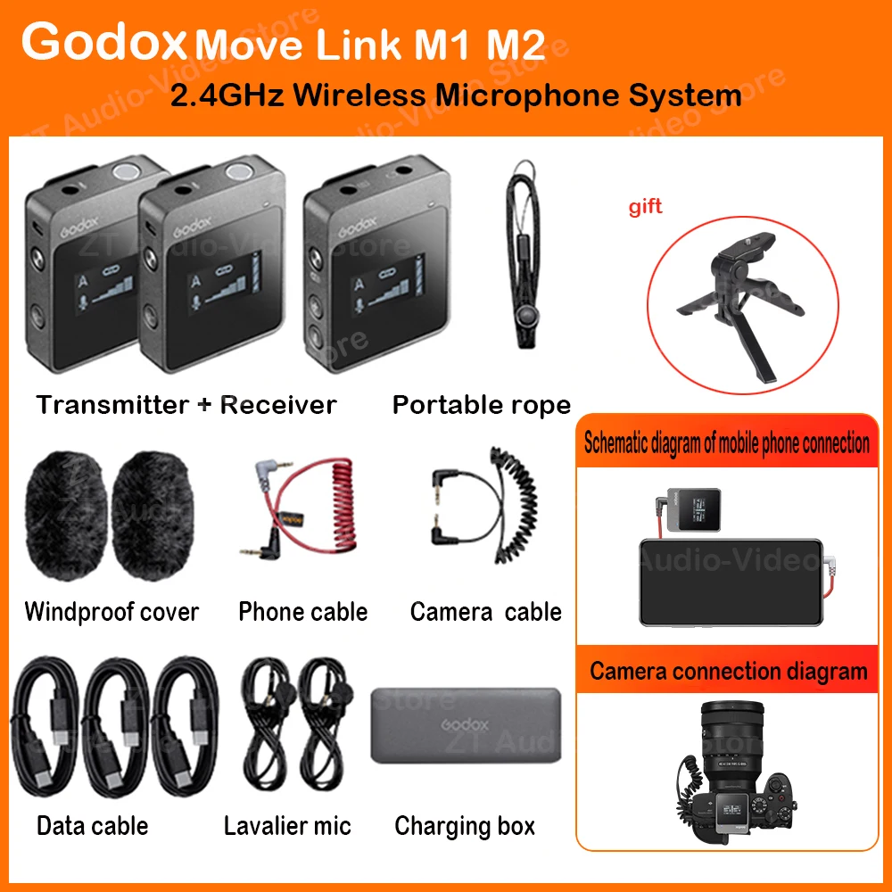 

Микрофон Godox MoveLink M2 M1, 2,5 ГГц, передатчик, приемник, беспроводной петличный микрофон для iPhone, телефона, DSLR камеры vs Comica SYNCO