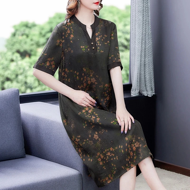 

Summer fashion Elegant Print Green Silk Satin High Quality Dress 2021 Casual L-4XL Plus Size Midi Dresses Women Vintage Vestidos