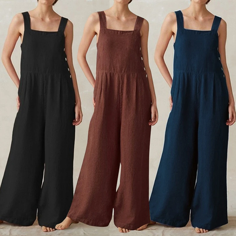 

Summer Casual Solid Sleeveless Side Button Jumpsuit Straps Spaghetti Pockets Overall Wide Legs Pants Dungaree Bib Oversized