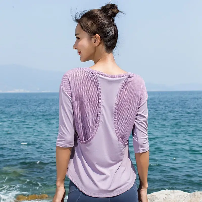 

Women's New Sports Tops Breathable Sexy Half-length Sleeves Yoga T-shirts Casual Blouses Loose Thin Black Quick-drying Clothes