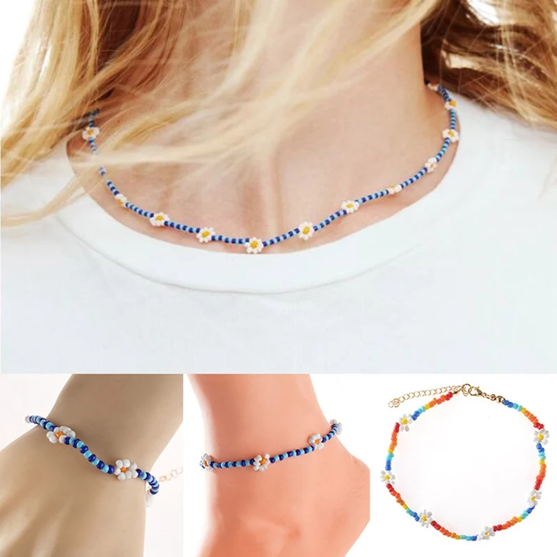 New Korean Cute Flowers Daisy Bracelets Transparent Colorful Beaded Handmade Elastic Wristband For Women Jewelry Dropshipping