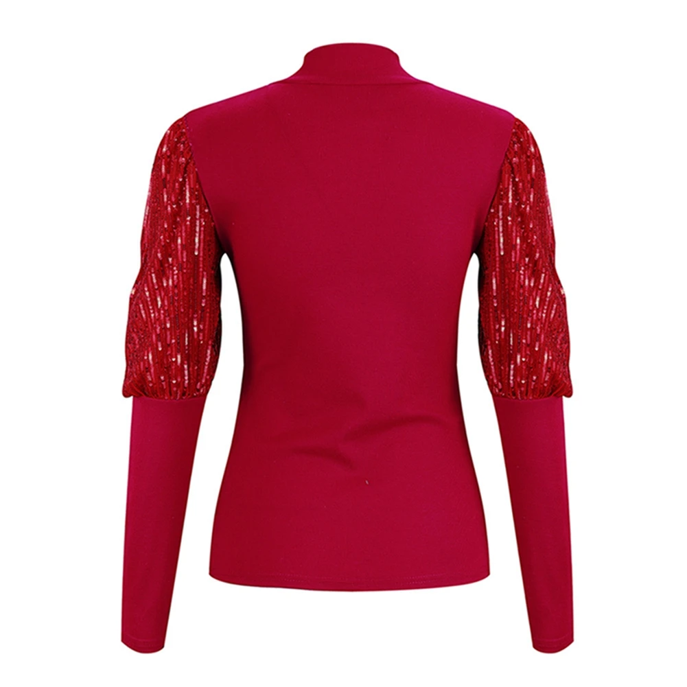 Women Puff Sleeve Tops Pullover Knit T-shirt Autumn Spring Female Slim Fit Shiny Tee Shirt Plus Size |