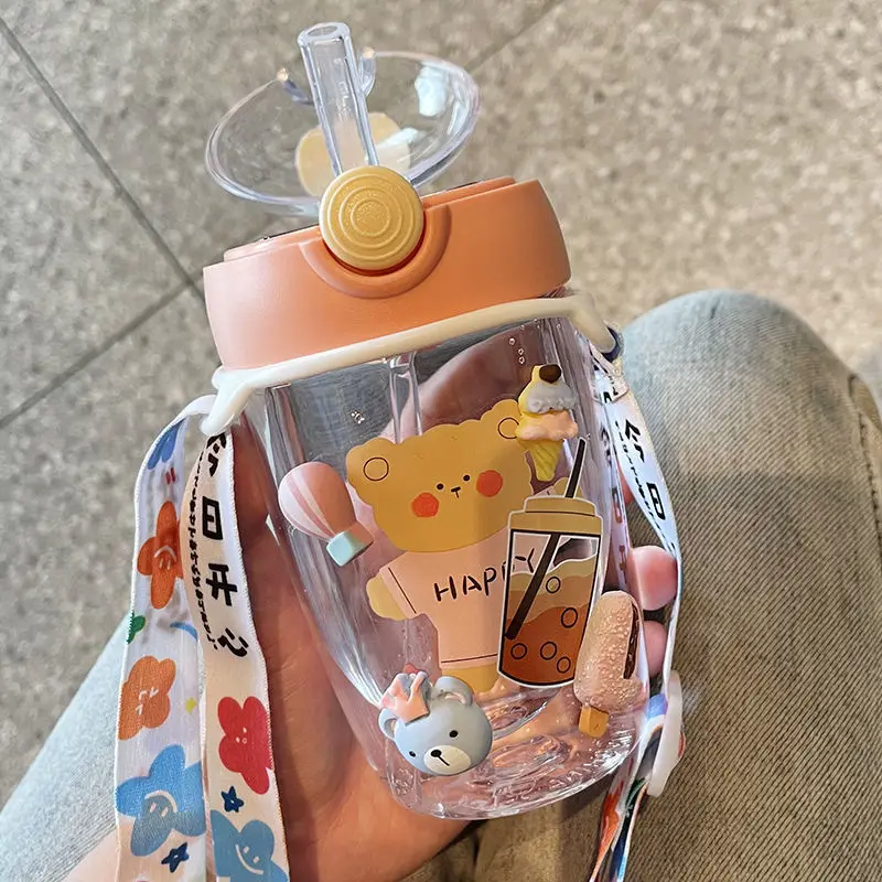 

400ML Cute Cartoon Children's Water Bottle Belt Straw Cup Portable Travel Drop-Resistant Student Plastic Sports Bottle