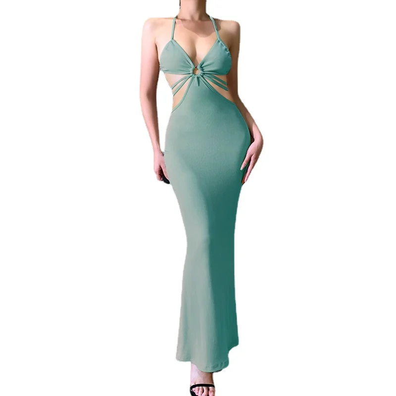 

Женское длинное вечернее платье JIAK, летнее облегающее платье-Русалка с лямкой на шее и открытой спиной, зеленое и черное