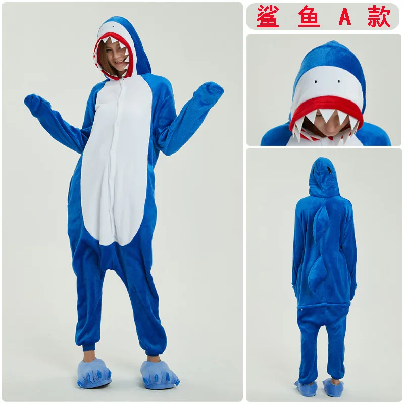 Взрослая Пижама комбинезон в виде акулы кошки медведя панды Женский костюм для