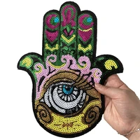new hamsa hand patches for clothes diy garment accessories big hand eye sequined badge iron on patch diy colorful eye in hand