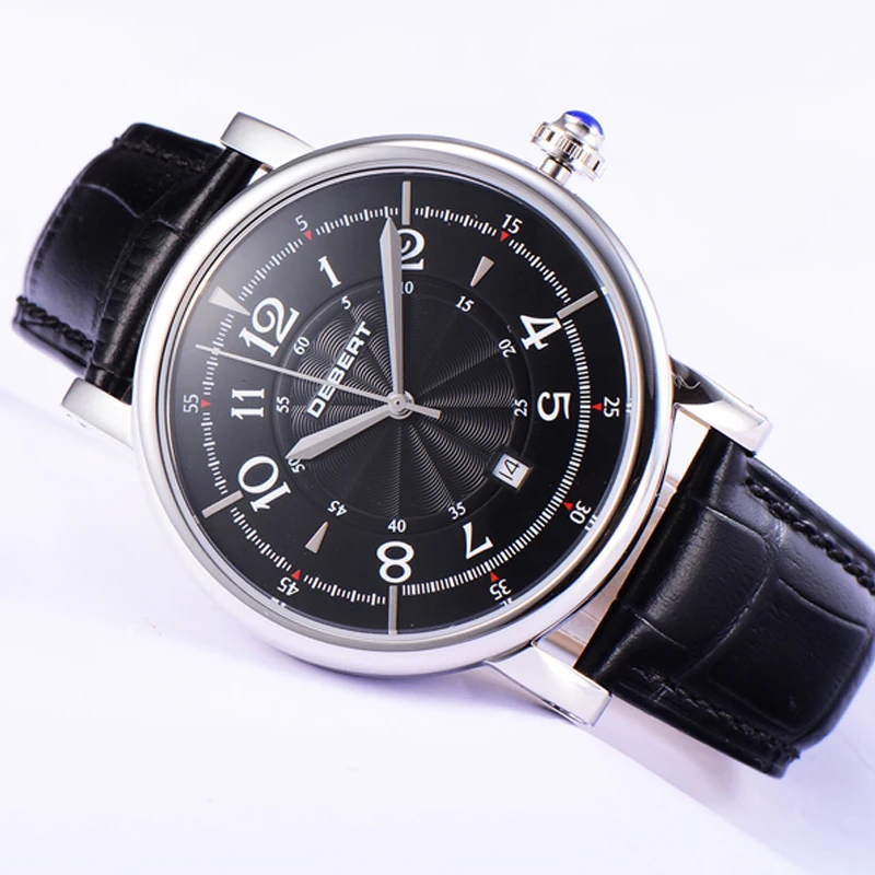 Модные роскошные кожаные механические часы с черным циферблатом и