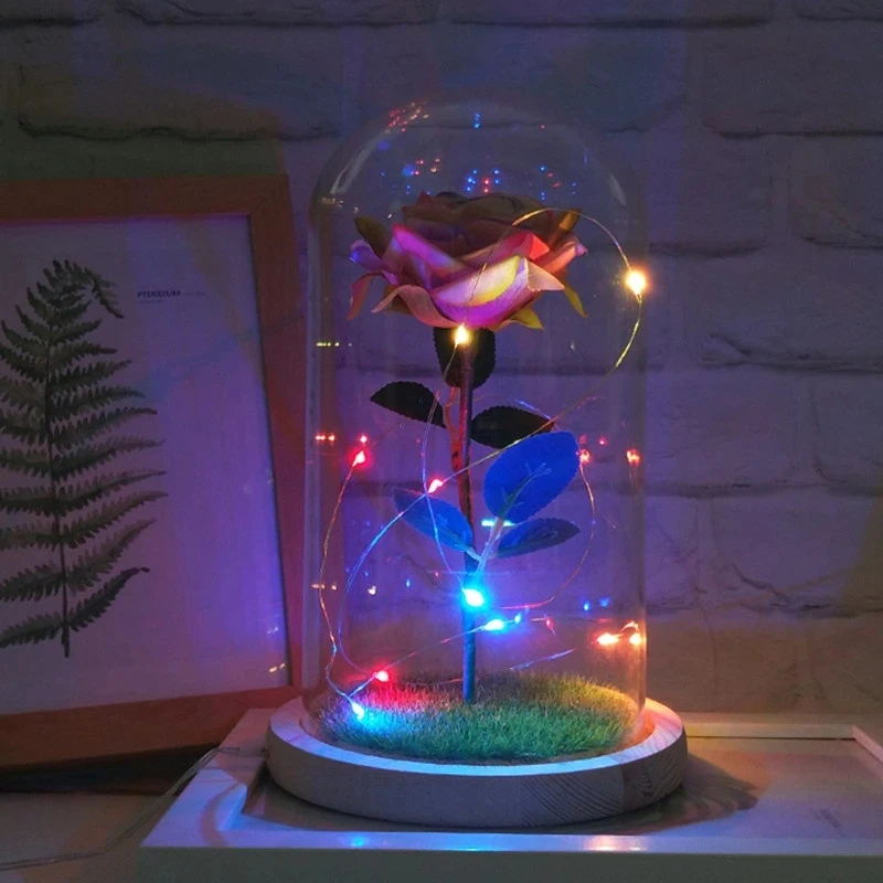

Valentine's Day Gift Wooden Simulation Roses Flower Glass Cover LED Lights Christmas Decoration Office Ornaments Shooting Props