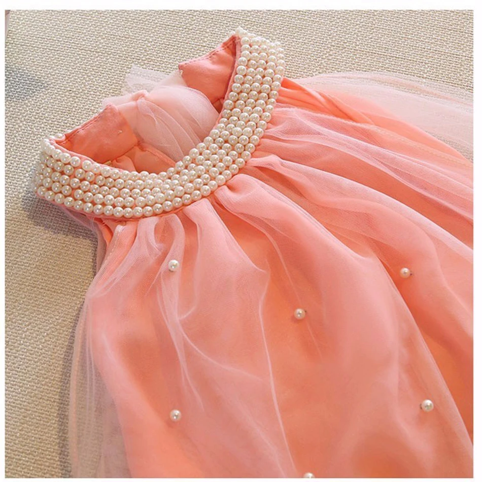 2-6T Baby Girl Sleeveless Pearl Dress Tulle Bow Costumes Summer Toddler Birthday Party Outfits Kids Stage Performance Clothes | Детская