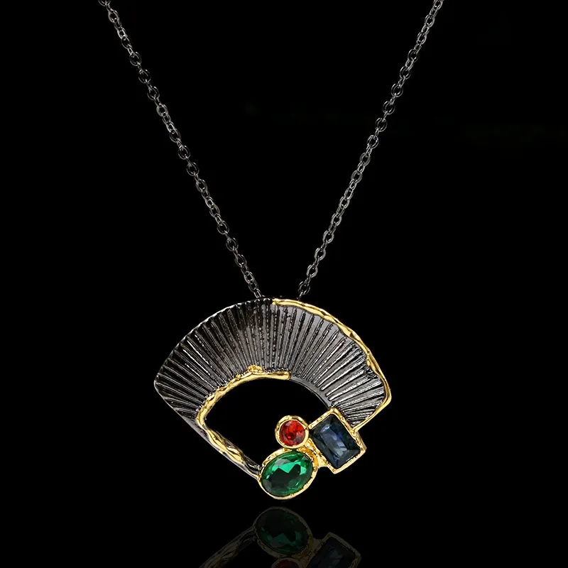 

Unique Fashion Ginkgo Leaf Fan-shaped Black Gold Color Zircon 925 Silver Pendant Necklace Lady Jewelry Party Gift