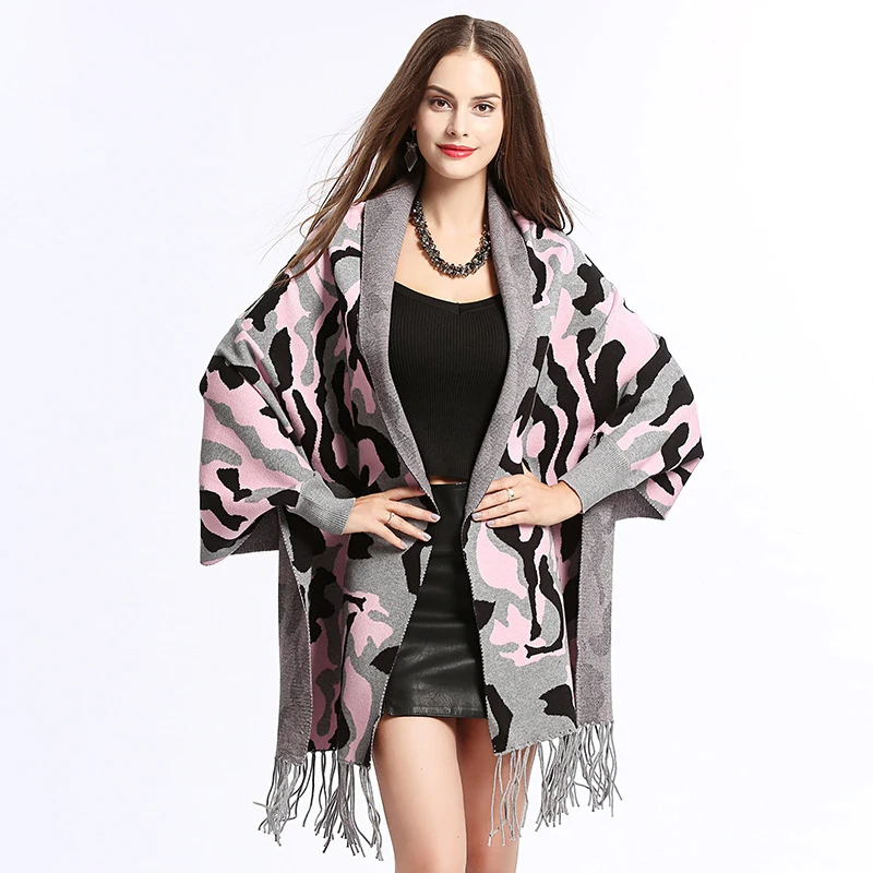 

2021 Hot Sale Women's Warm Shawl With Sleeves Thick Long Camouflage Knitting Fringed Pashmina Wool Wraps Poncho And Cape Mujer