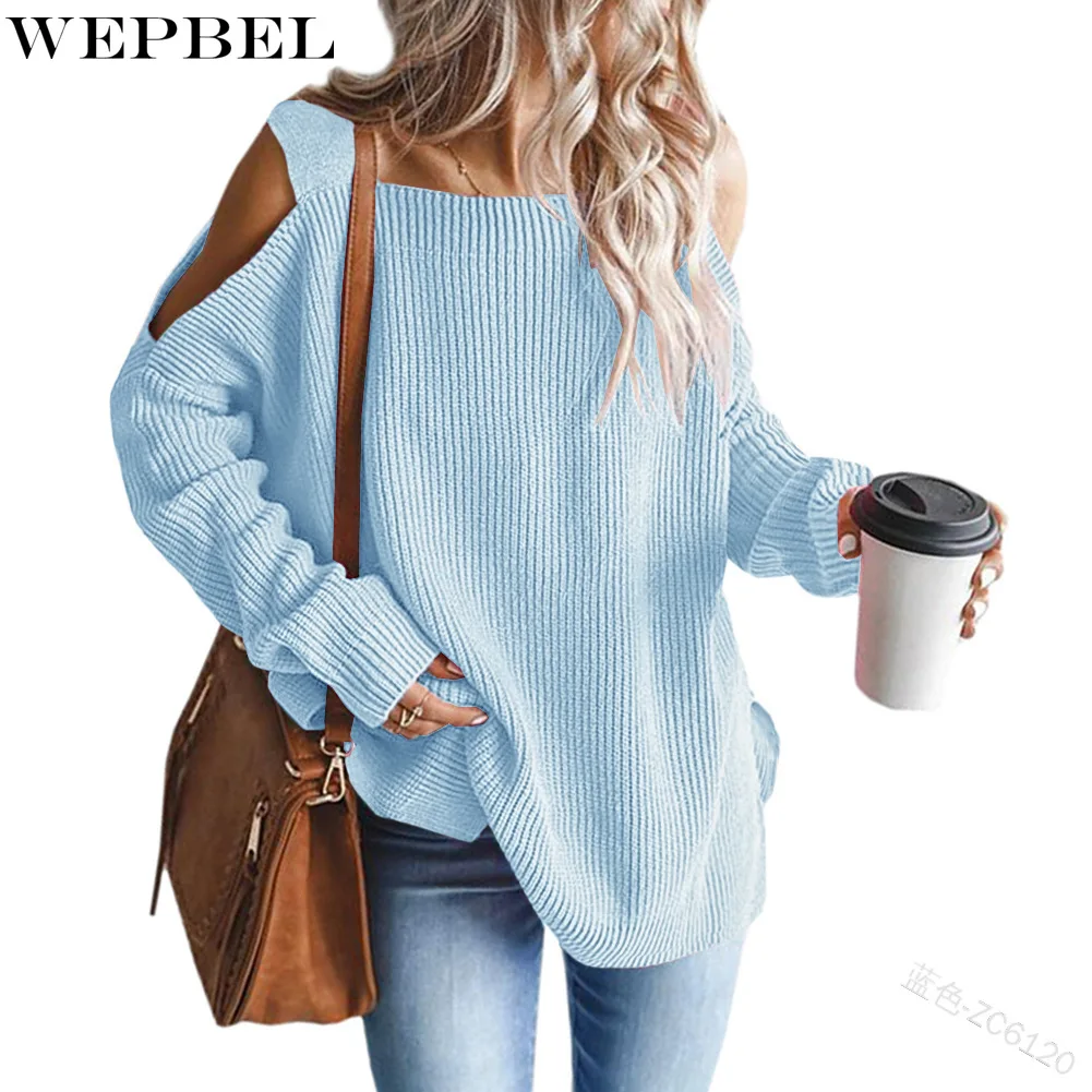 

WEPBEL Sweater Women's Casual Solid Color Loose Off-Shoulder Sweater Spring Autumn Long Sleeve O-Neck Backless Slit Sweater