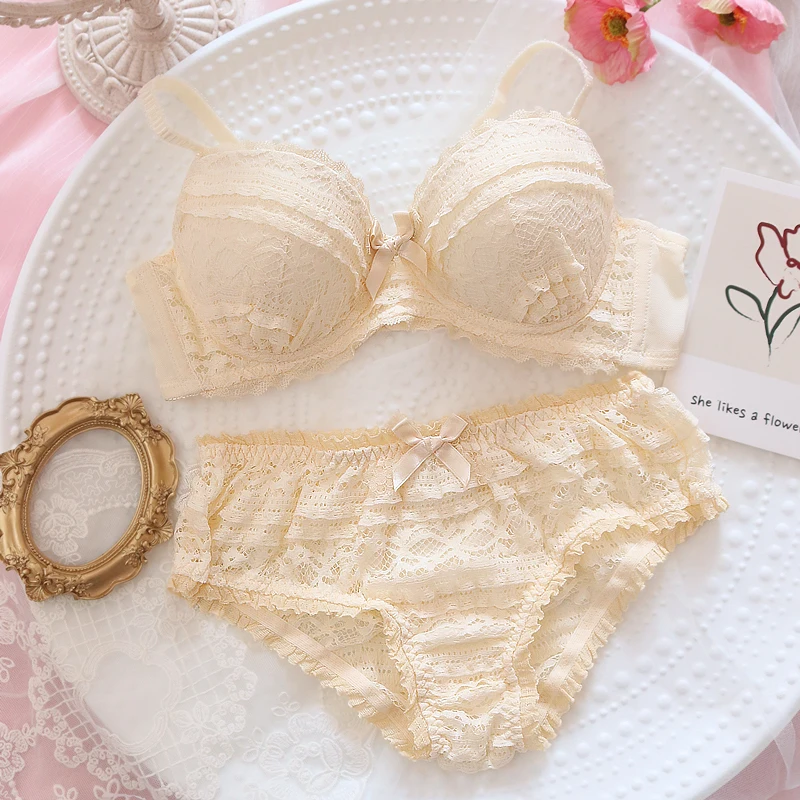 SO Sweet Sexy Lolita Girl Cake Lace Trim Underwear Set Japanese Women's No rims Underwire Soft Sister Push-Up Bra & Brief Set