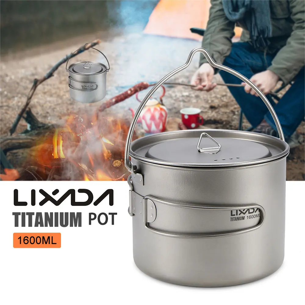 Pot 1600ml Lixada 900 мл/1600 мл титановая чашка Ультралегкая портативная чашка с крышкой и складной ручкой для походов и походов - Цвет: Pot 1600ml