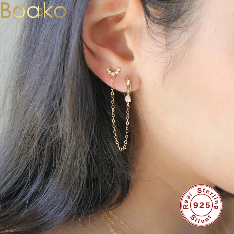

BOAKO Moon Link Earing 925 Sterling Silver Stud Earrings for Women Fashion Round Zircon Long Piercing Earring Cartilage Jewelry