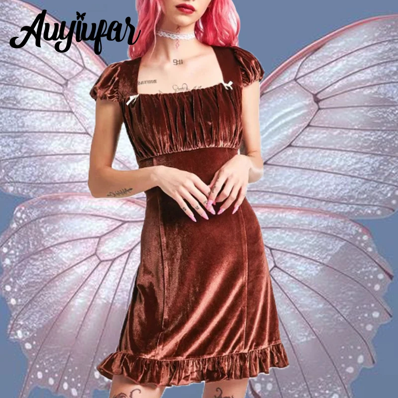 

Auyiufar Bow Solid Fairy Grunge Velvet A Line Dress Ruffles Trim Ruch Milkmaid Y2k Cute Mini Dresses Renaissance Women Clothing
