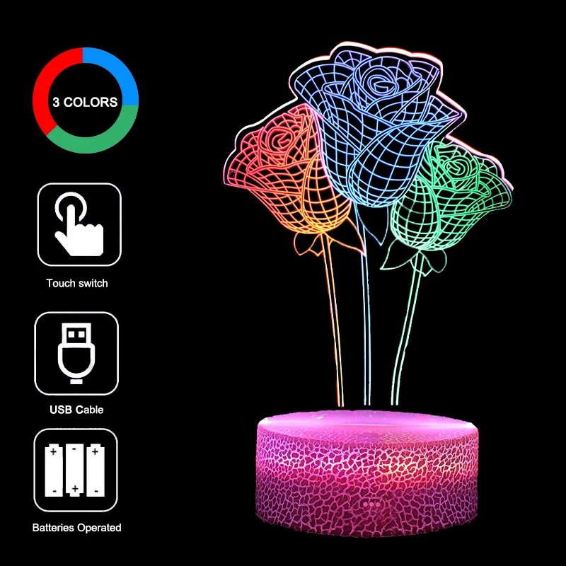 

Ночник в виде цветка с розовым лотосом, 3D Романтическая лампа с USB светодиодный индикатором, 3 цвета, динамический декоративный светильник д...
