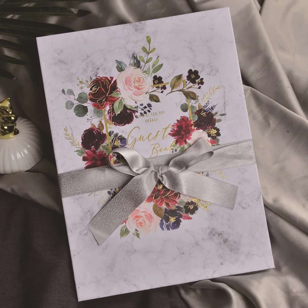 

Hot Selling 29*21CM Wedding Guest Book White Bride & Groom Flower Ribbon Signature Book for Wedding Party 22 pages