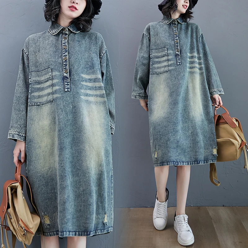 

Extra Femmes Denim Coat Shirt Women Korean Clothes Loose Vintage Spring Fashion Hole Long-Sleeve Casual Jeans Dress Outwear