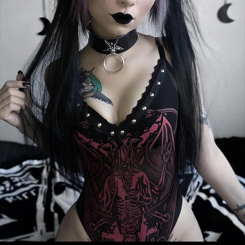 Goth Dark Mall Готический эстетический гранж женские сексуальные боди Панк Дракон