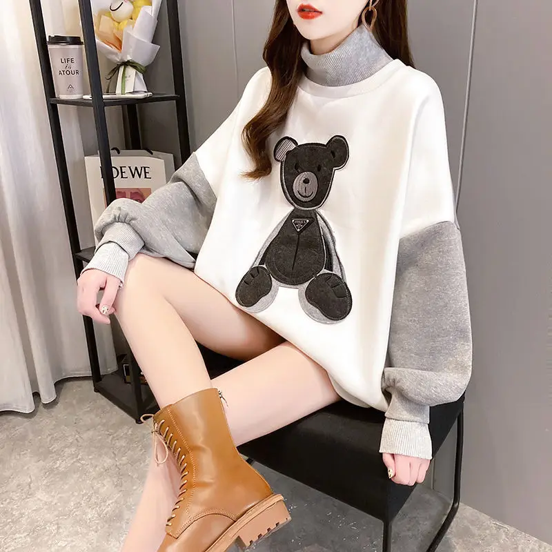 

Women Turtlenecks Cartoon Sweater Ladies Winter Patchwork Pullover Korean High Neck Loose Street Students Tops Femme Clothing