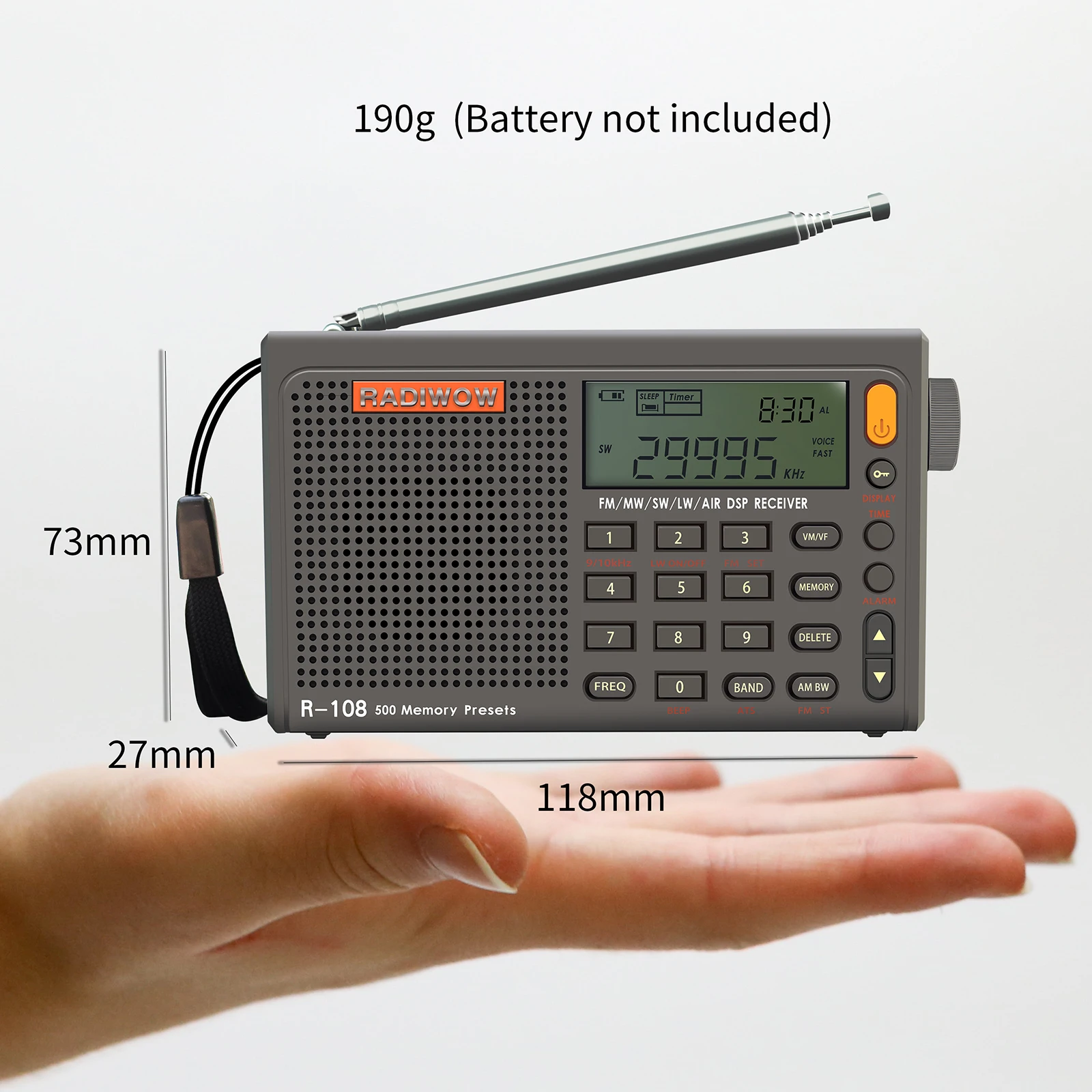 

Radiwow R-108 FM Stereo Digital Portable Radio AM SW Air Radio Sound Alarm Function Display Clock Temperature Speaker