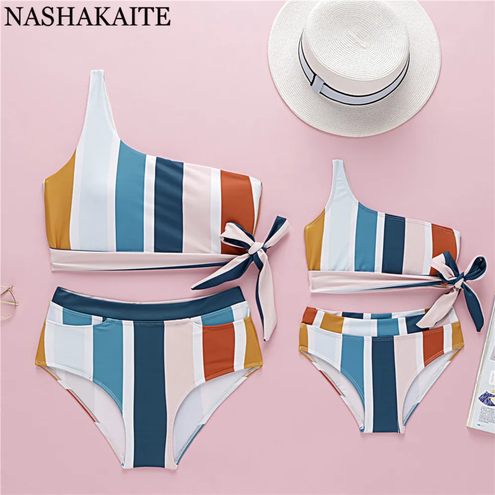 Stripe Bikini NASHAKAITE Mathing купальник Семейные комплекты печати бикини с начесом комплект для мамы и дочки пляжная одежда купальники - Цвет: Stripe Bikini