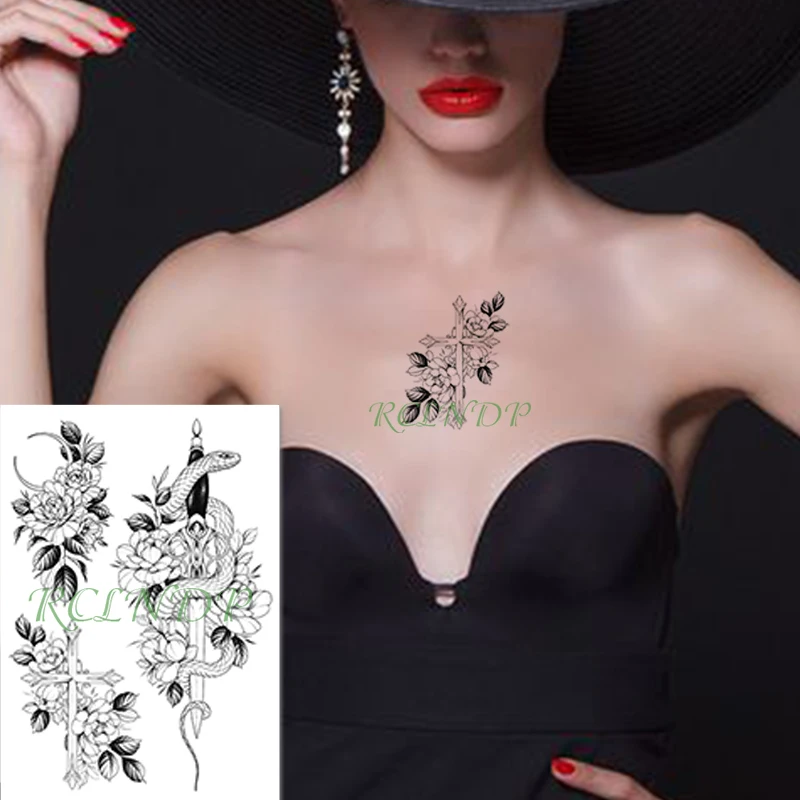 Водонепроницаемая Временная наклейка на татуировку новая луна крест меч цветок