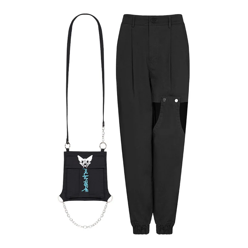 PUNK RAVE Girl's Punk Black Overalls Summer Hollowed-out Sexy Cargo Pants Women Trendiness Slacks Casual Trousers Streetwear