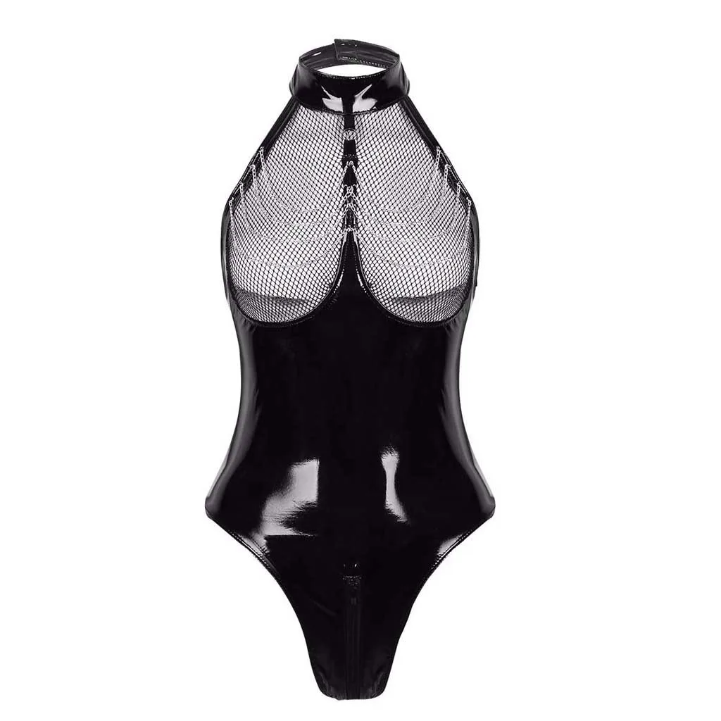 

Sexy Leather Net Crotchless Catsuit Erotic Dew Chest See Through Open Crotch Breast Exposing Sexi Dress Latex Bodysuit Lingerie