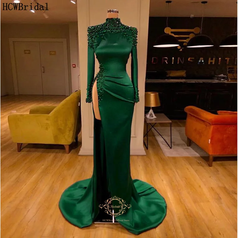 Sexy Green Long Saudi Arabic Evening Dress High Neck Sleeves Chic Pearls Satin Mermaid Formal Dresses With Slit New | Свадьбы и